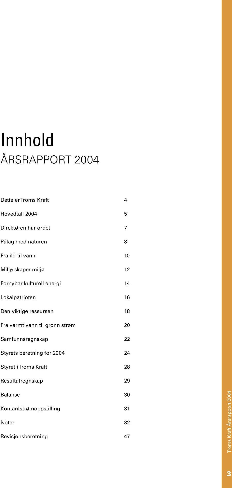 Fra varmt vann til grønn strøm 20 Samfunnsregnskap 22 Styrets beretning for 2004 24 Styret i Troms Kraft 28