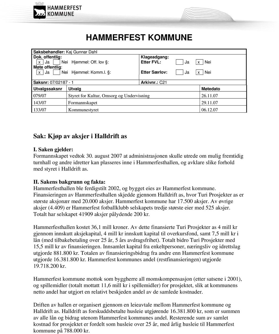 Saken gjelder: Formannskapet vedtok 30.