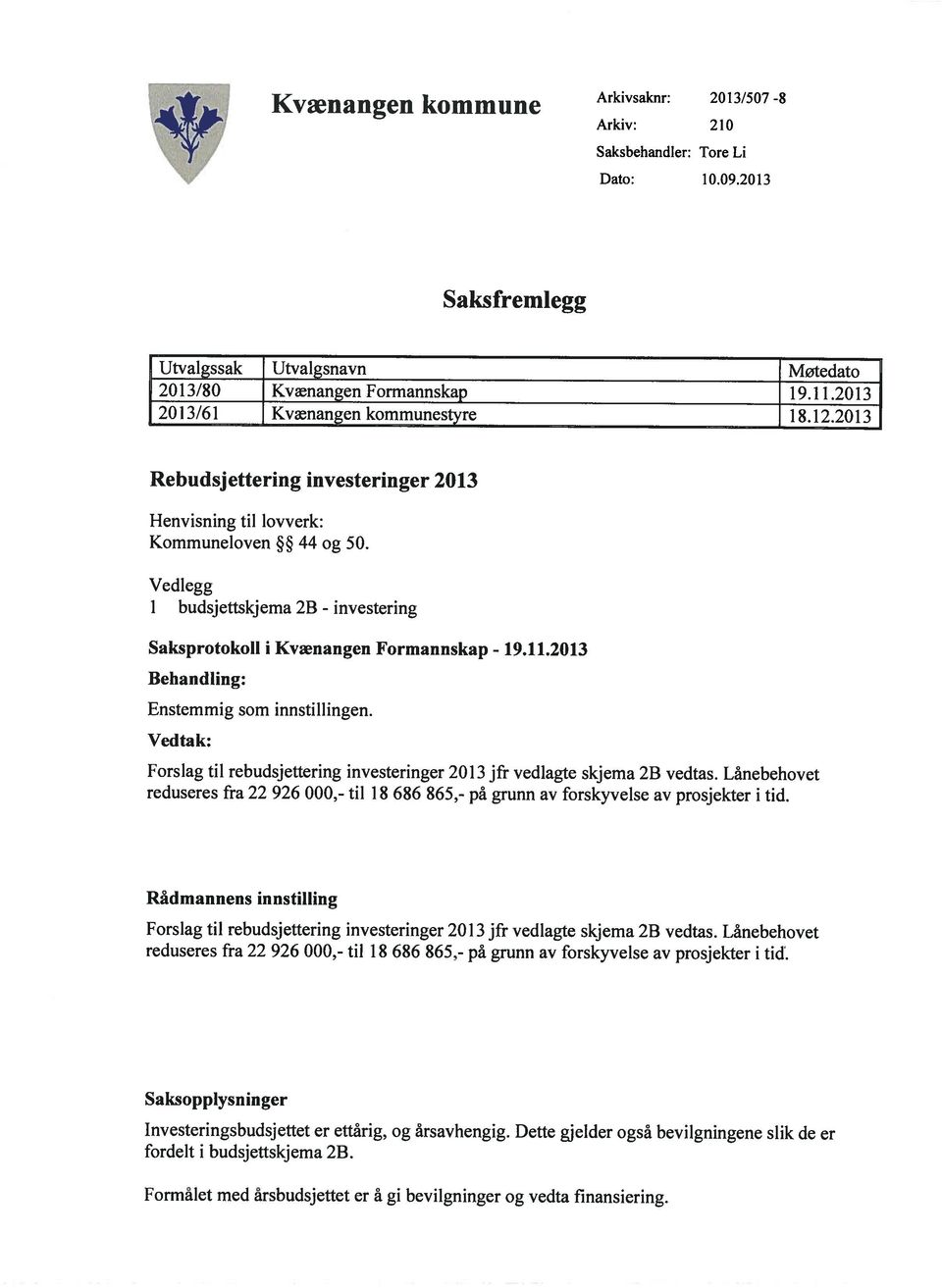 Lånebehovet reduseres fra 22 926, til 18 686 865, på grunn av forskyvelse av prosjekter i tid. Rådmannens innstilling Enstemmig som innstillingen.