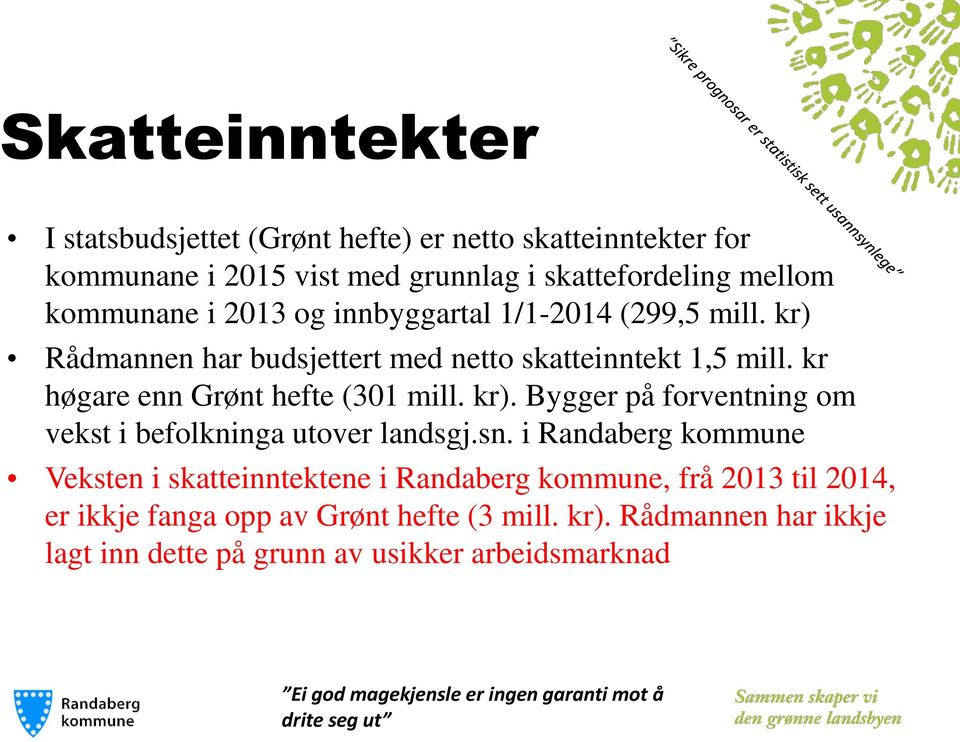 sn. i Randaberg kommune Veksten i skatteinntektene i Randaberg kommune, frå 2013 til 2014, er ikkje fanga opp av Grønt hefte (3 mill. kr).