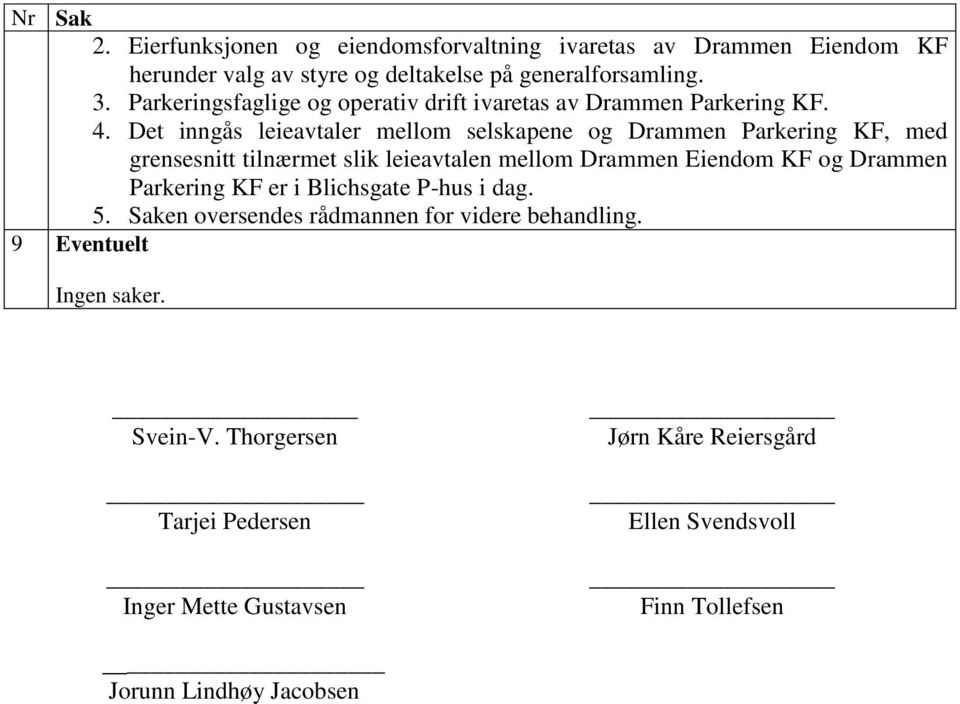 Det inngås leieavtaler mellom selskapene og Drammen Parkering KF, med grensesnitt tilnærmet slik leieavtalen mellom Drammen Eiendom KF og Drammen