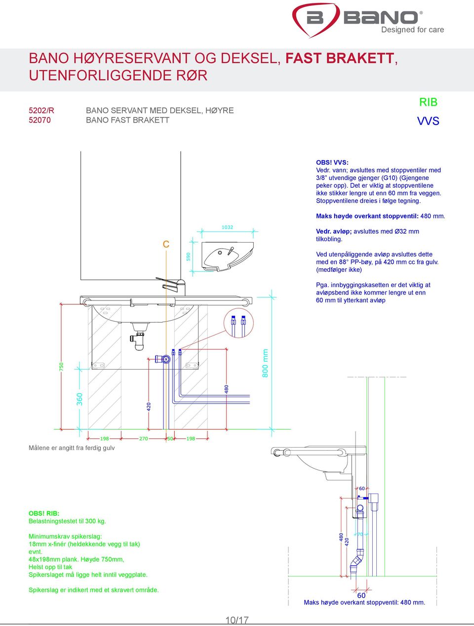 Stoppventilene dreies i følge tegning. Vedr. avløp; avsluttes med Ø32 mm tilkobling. Ved utenpåliggende avløp avsluttes dette med en 88 PP-bøy, på 420 mm cc fra gulv. (medfølger ikke) Pga.