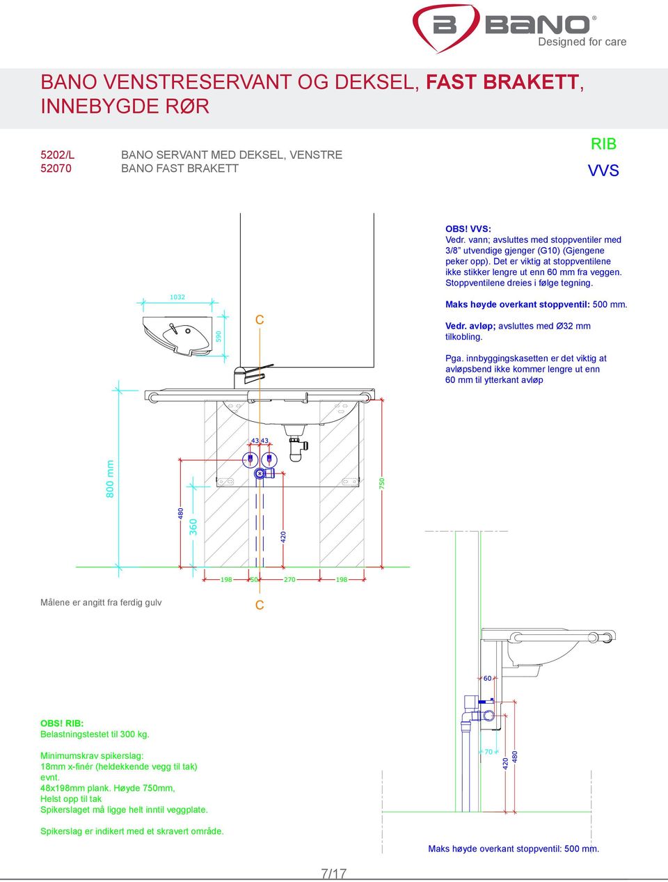 Stoppventilene dreies i følge tegning. Maks høyde overkant stoppventil: 500 mm. Vedr. avløp; avsluttes med Ø32 mm tilkobling. Pga.