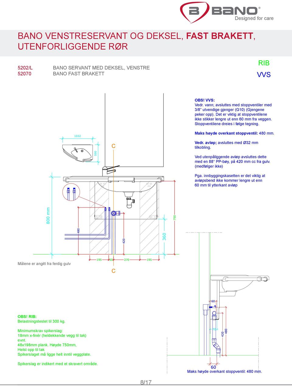 Stoppventilene dreies i følge tegning. Vedr. avløp; avsluttes med Ø32 mm tilkobling. Ved utenpåliggende avløp avsluttes dette med en 88 PP-bøy, på 420 mm cc fra gulv. (medfølger ikke) Pga.