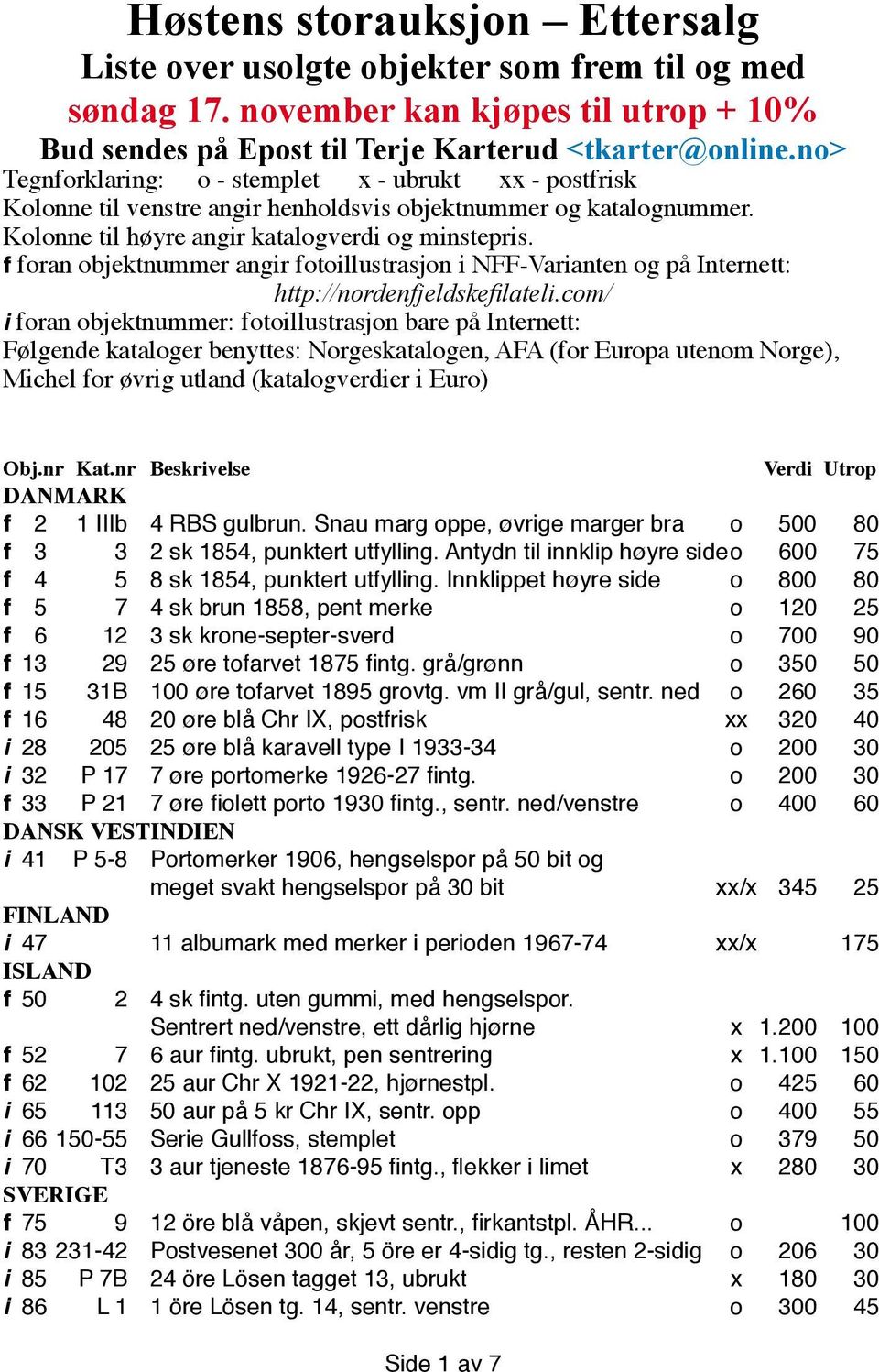 f foran objektnummer angir fotoillustrasjon i NFF-Varianten og på Internett: http://nordenfjeldskefilateli.