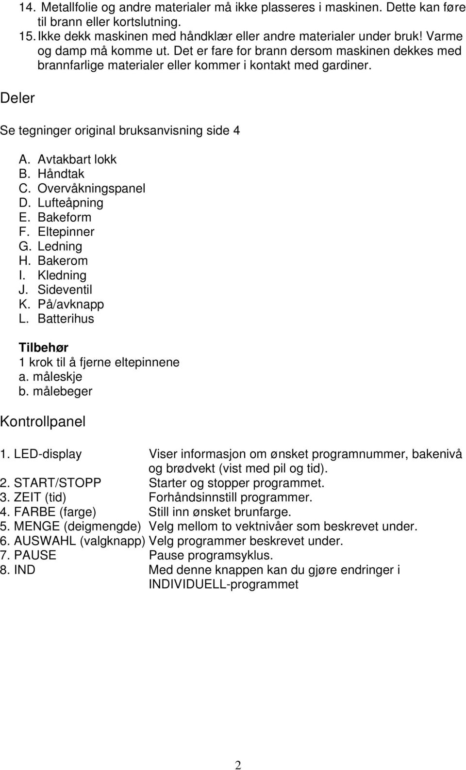 Avtakbart lokk B. Håndtak C. Overvåkningspanel D. Lufteåpning E. Bakeform F. Eltepinner G. Ledning H. Bakerom I. Kledning J. Sideventil K. På/avknapp L.