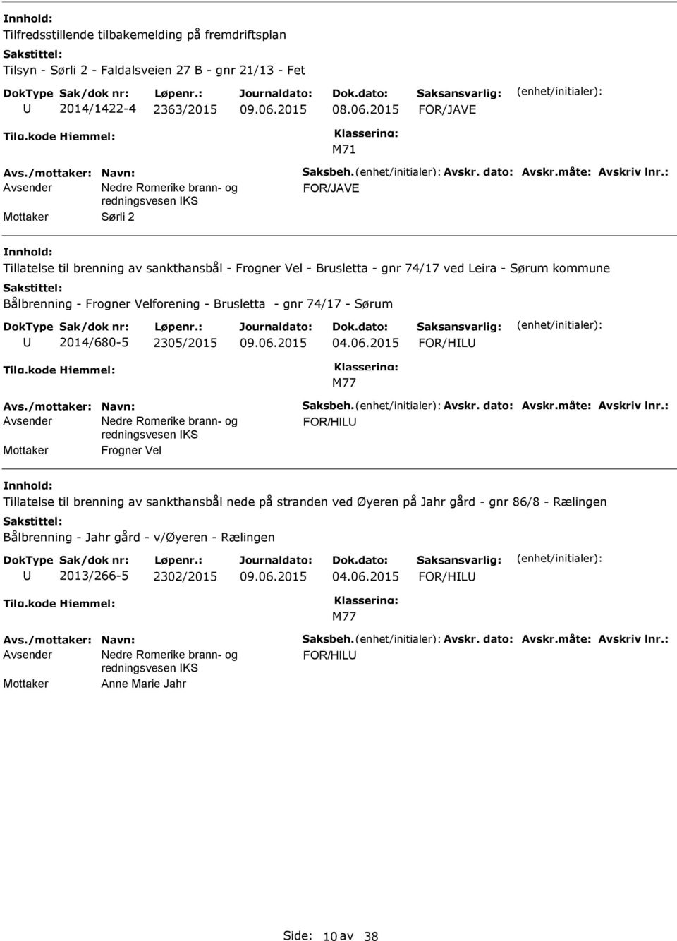 2305/2015 04.06.2015 FOR/HL Avs./mottaker: Navn: Saksbeh. Avskr. dato: Avskr.måte: Avskriv lnr.