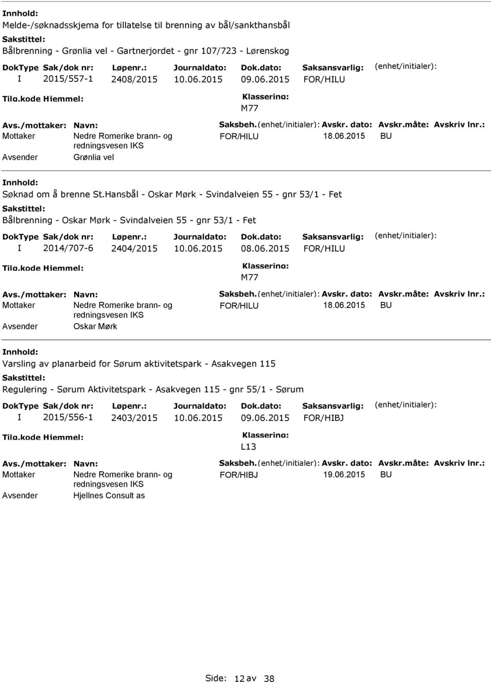 Hansbål - Oskar Mørk - Svindalveien 55 - gnr 53/1 - Fet Bålbrenning - Oskar Mørk - Svindalveien 55 - gnr 53/1 - Fet 2014/707-6 2404/2015 10.06.2015 FOR/HL Avs./mottaker: Navn: Saksbeh. Avskr.