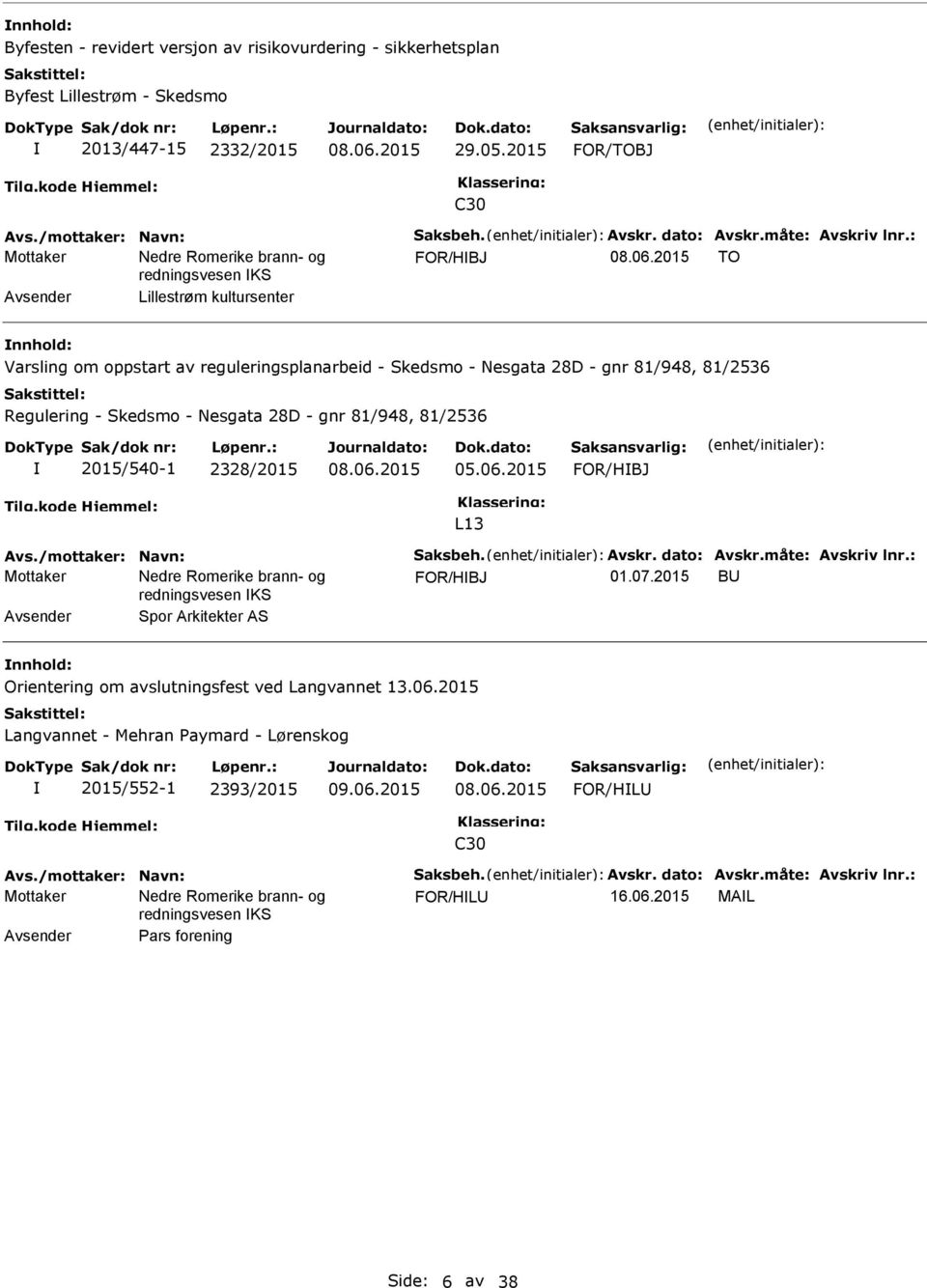 : FOR/HBJ TO Avsender Lillestrøm kultursenter Varsling om oppstart av reguleringsplanarbeid - Skedsmo - Nesgata 28D - gnr 81/948, 81/2536 Regulering - Skedsmo - Nesgata 28D - gnr 81/948, 81/2536