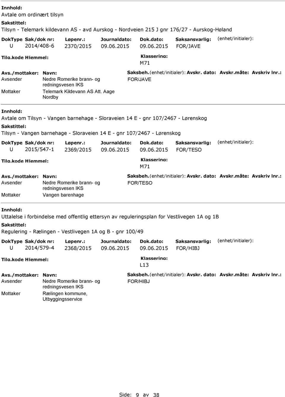 Aage Nordby Avtale om Tilsyn - Vangen barnehage - Sloraveien 14 E - gnr 107/2467 - Lørenskog Tilsyn - Vangen barnehage - Sloraveien 14 E - gnr 107/2467 - Lørenskog 2015/547-1 2369/2015 Avs.