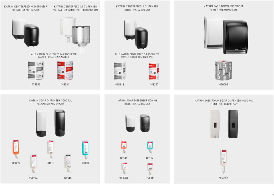 CENTERFEED S-PRODUKTER PASSER I DISSE DISPENSERNE 475355 448311 475218 448257 460065 KATRIN SOAP DISPENSER 1000 ML 90229 Hvit, 92209 Sort KATRIN SOAP