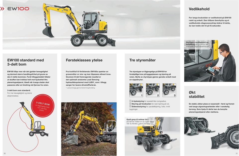 EW100 standard med 3-delt bom Førsteklasses ytelse Tre styremåter EW100 tilbyr mer når det gjelder bevegelighet og dermed større handlingsfrihet på grunn av den 3-delte boen.