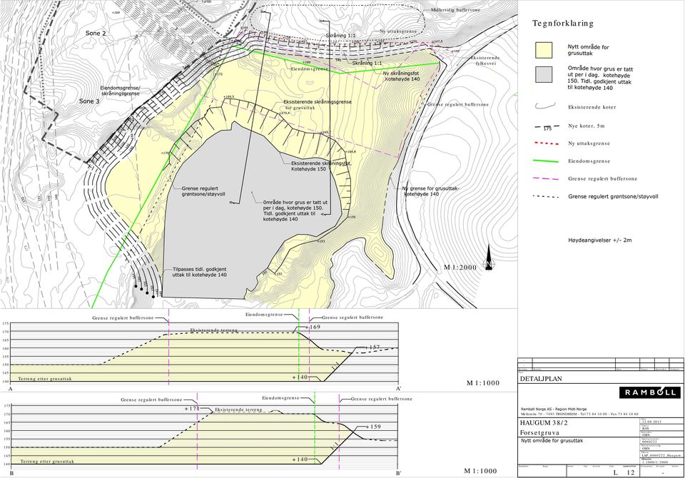 Høydeangivelser +/- 2m M 1:2000 175 170 Grense regulert buffersone Eksisterende terreng Eiendomsgrense +169 Grense regulert buffersone 165 160 +157 155 150 145 140 A Terreng etter grusuttak +140 1:1