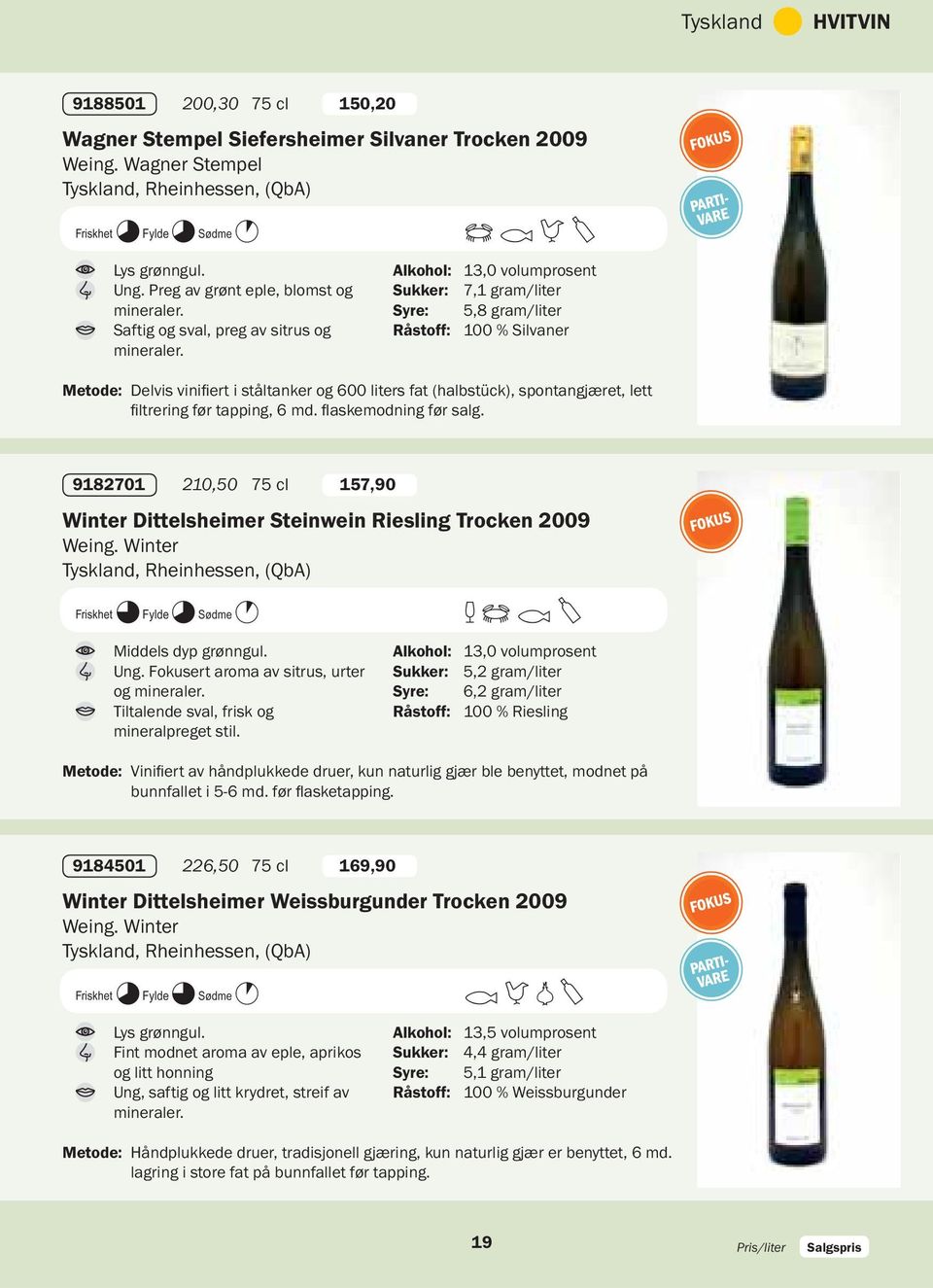 BCDY Alkohol: 13,0 volumprosent Sukker: 7,1 gram/liter Syre: 5,8 gram/liter Råstoff: 100 % Silvaner Metode: 9182701 210,50 75 cl 157,90 Winter Dittelsheimer Steinwein Riesling Trocken 2009 Weing.