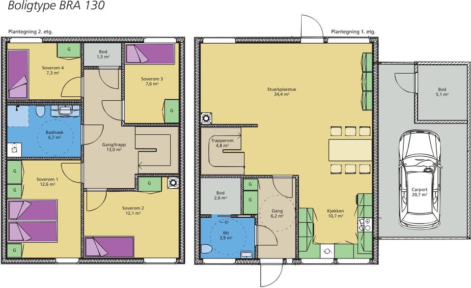 Bod 1,5 m 2 Soverom 4 7,3 m 2 Soverom 3 7,6 m 2 Stue/spisestue Bod 34,4 m 2 5,1