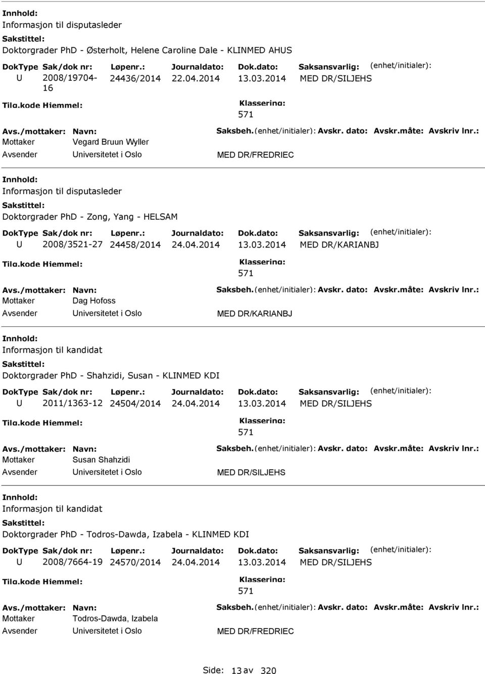 2014 MED DR/KARANBJ Avs./mottaker: Navn: Saksbeh. Avskr. dato: Avskr.måte: Avskriv lnr.