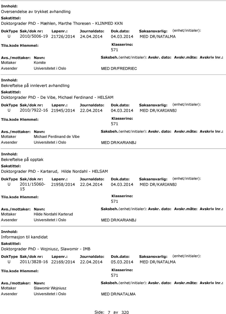 2014 MED DR/KARANBJ Avs./mottaker: Navn: Saksbeh. Avskr. dato: Avskr.måte: Avskriv lnr.