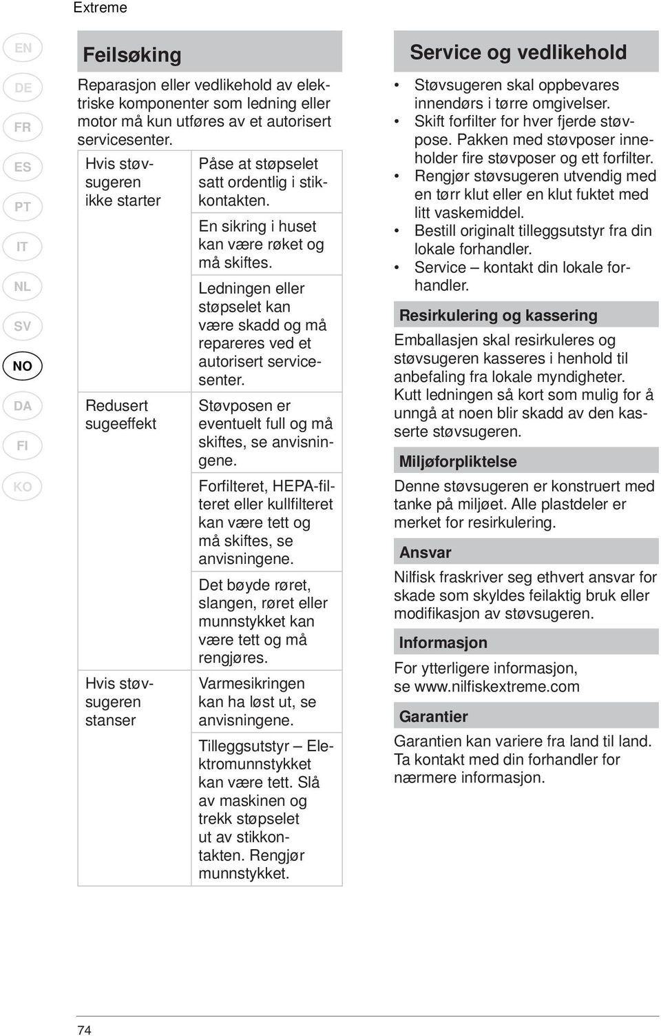 Ledningen eller støpselet kan være skadd og må repareres ved et autorisert servicesenter. Støvposen er eventuelt full og må skiftes, se anvisningene.