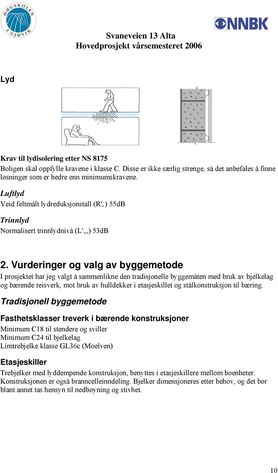 Vurderinger og valg av byggemetode I prosjektet har jeg valgt å sammenlikne den tradisjonelle byggemåten med bruk av bjelkelag og bærende reisverk, mot bruk av hulldekker i etasjeskillet og