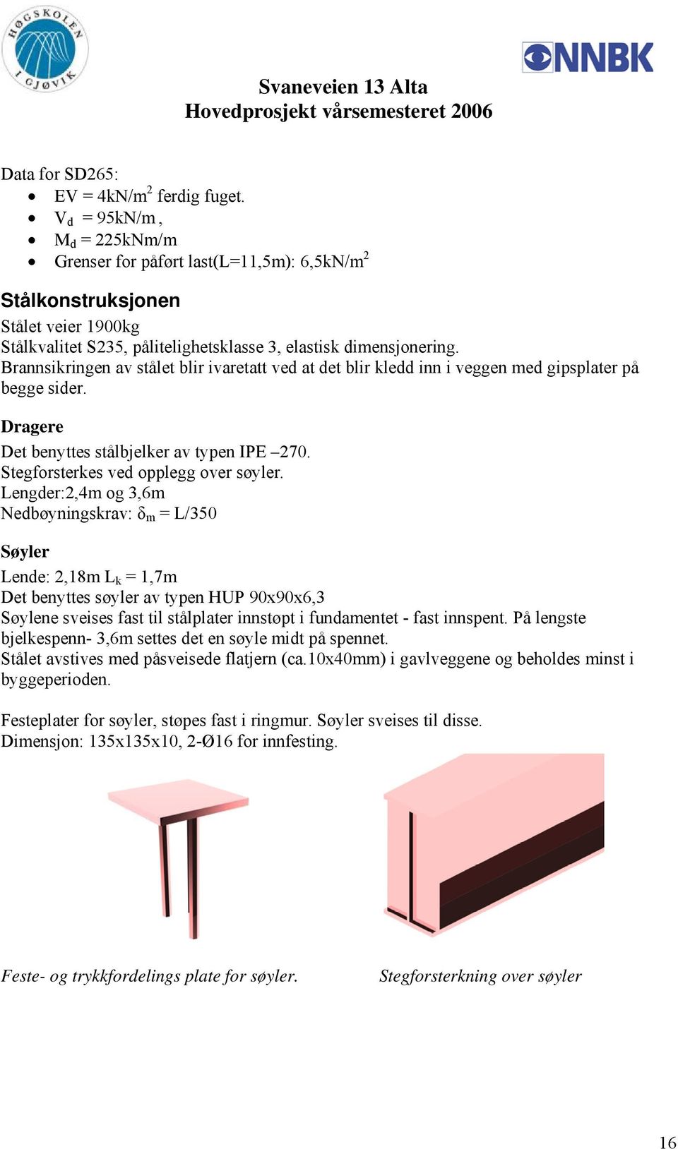 Brannsikringen av stålet blir ivaretatt ved at det blir kledd inn i veggen med gipsplater på begge sider. Dragere Det benyttes stålbjelker av typen IPE 270. Stegforsterkes ved opplegg over søyler.