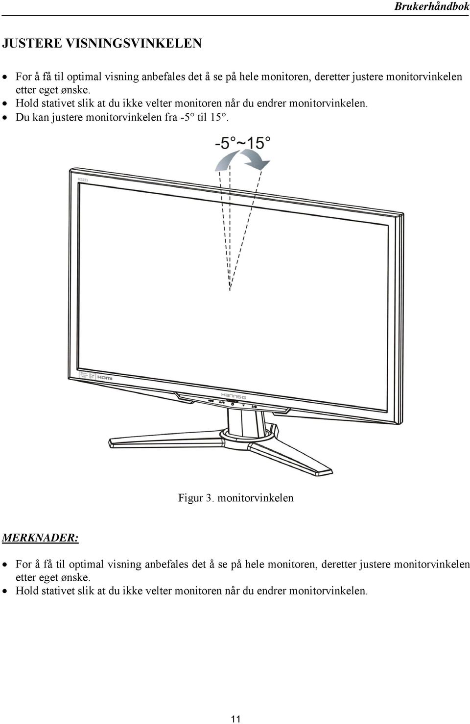 Du kan justere monitorvinkelen fra -5 til 15. Figur 3.