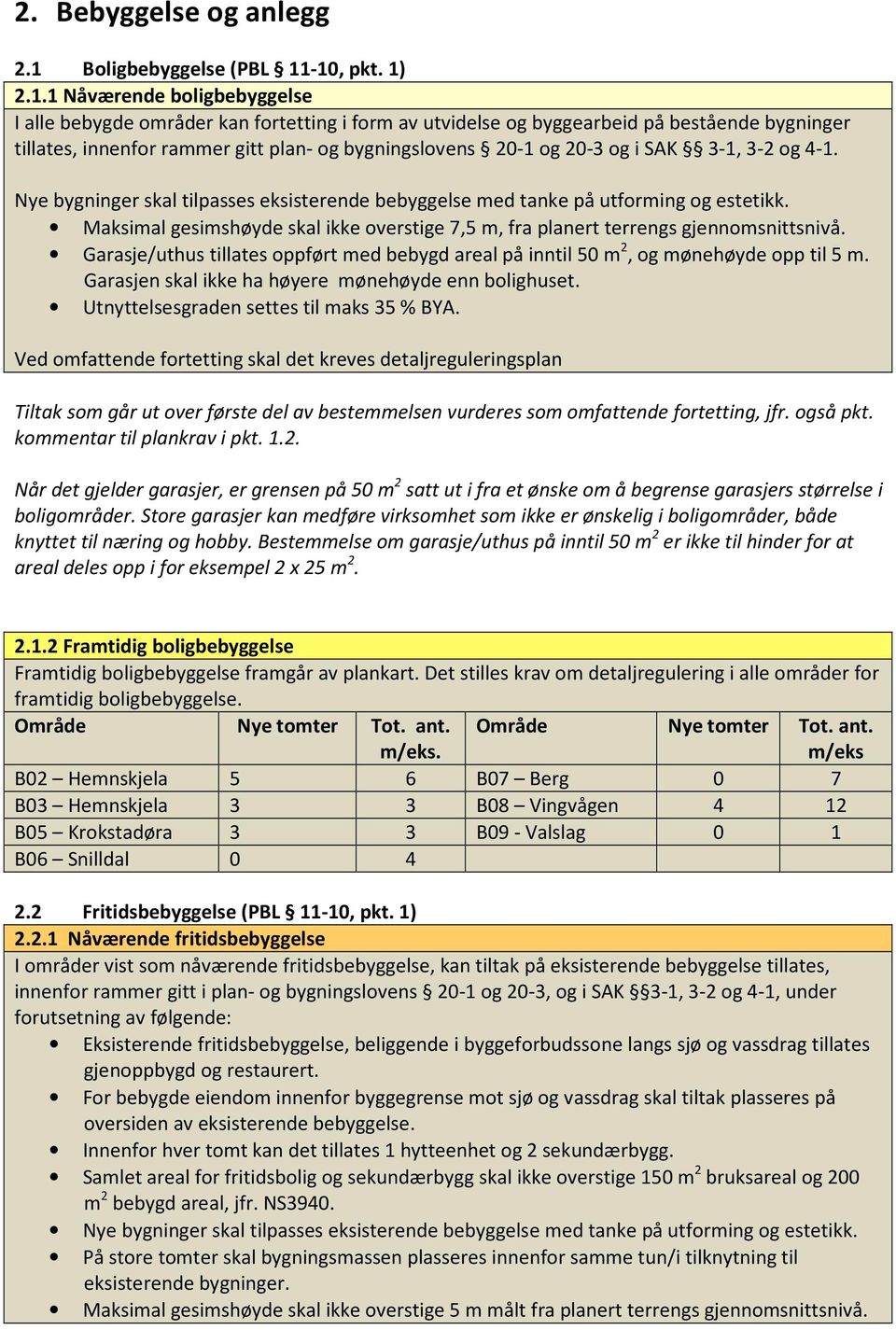 -10, pkt. 1) 2.1.1 Nåværende boligbebyggelse I alle bebygde områder kan fortetting i form av utvidelse og byggearbeid på bestående bygninger tillates, innenfor rammer gitt plan- og bygningslovens