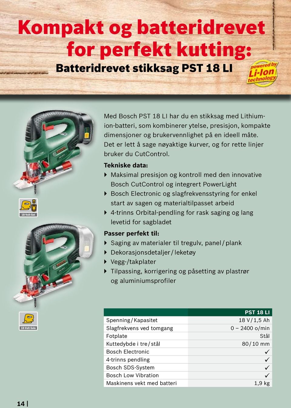 Tekniske data: `` Maksimal presisjon og kontroll med den innovative Bosch CutControl og integrert PowerLight `` Bosch Electronic og slagfrekvensstyring for enkel start av sagen og materialtilpasset