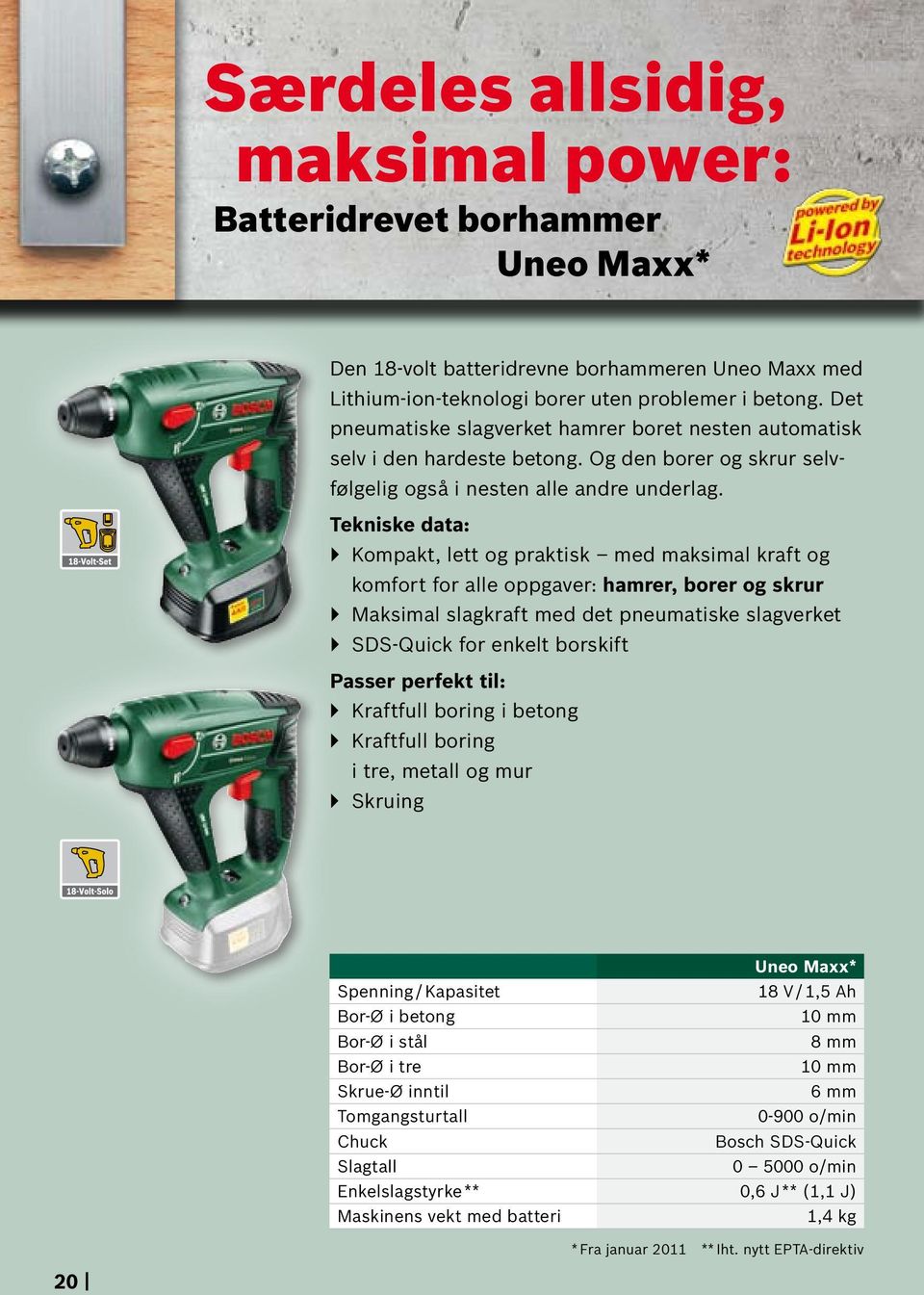 Tekniske data: `` Kompakt, lett og praktisk med maksimal kraft og komfort for alle oppgaver: hamrer, borer og skrur `` Maksimal slagkraft med det pneumatiske slagverket `` SDS-Quick for enkelt