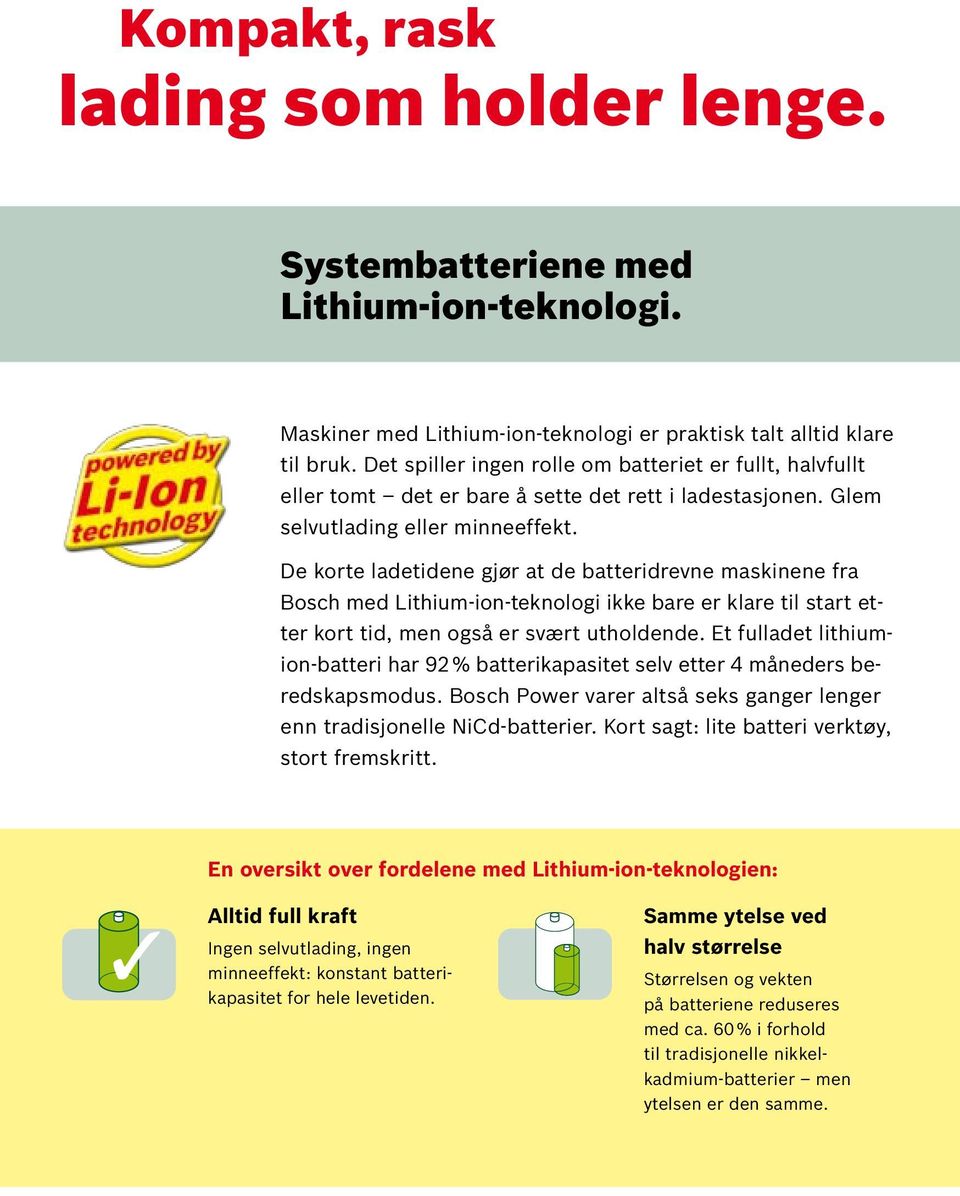 De korte ladetidene gjør at de batteridrevne maskinene fra Bosch med Lithium-ion-teknologi ikke bare er klare til start etter kort tid, men også er svært utholdende.