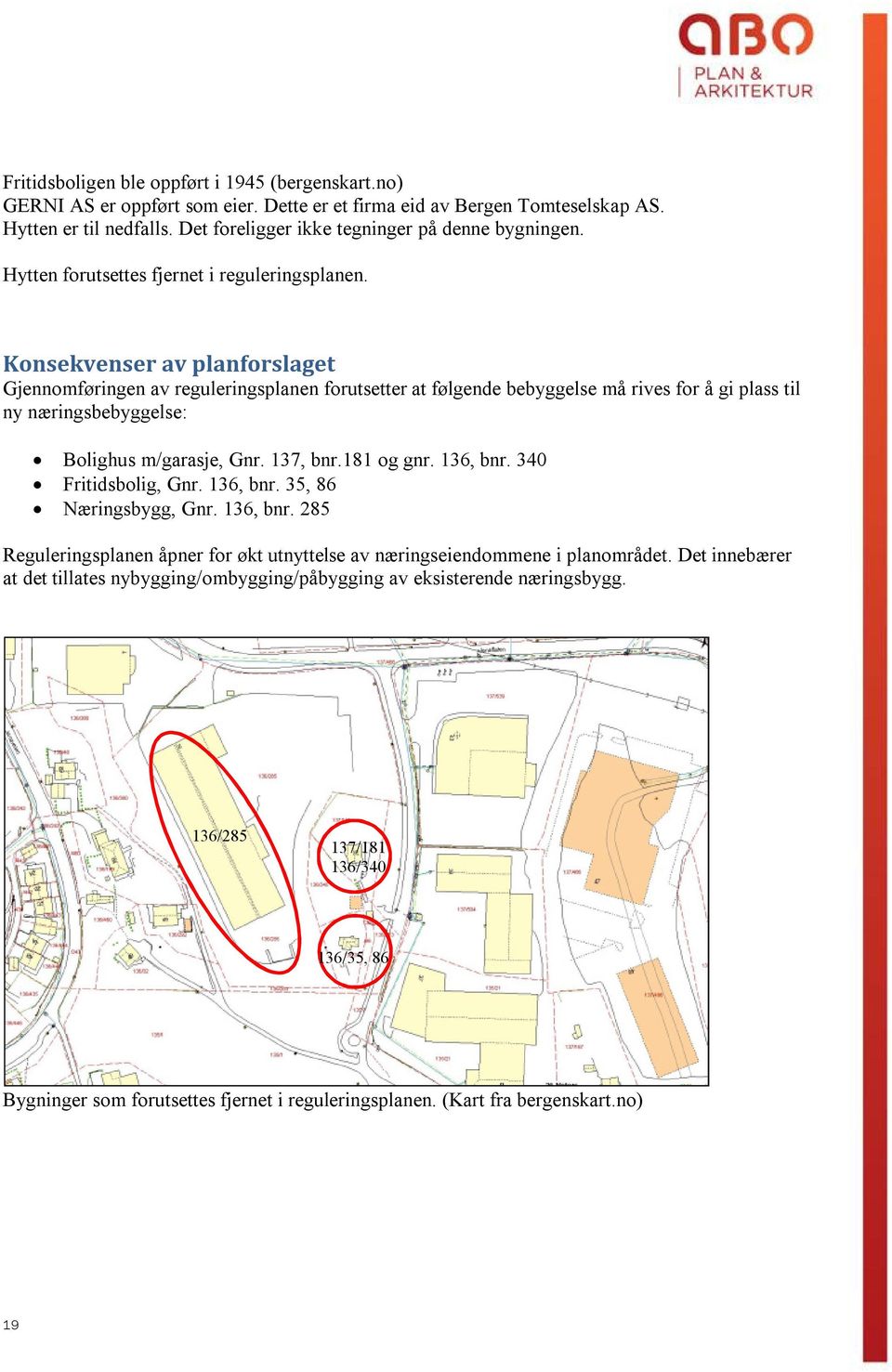 Konsekvenser av planforslaget Gjennomføringen av reguleringsplanen forutsetter at følgende bebyggelse må rives for å gi plass til ny næringsbebyggelse: Bolighus m/garasje, Gnr. 137, bnr.181 og gnr.