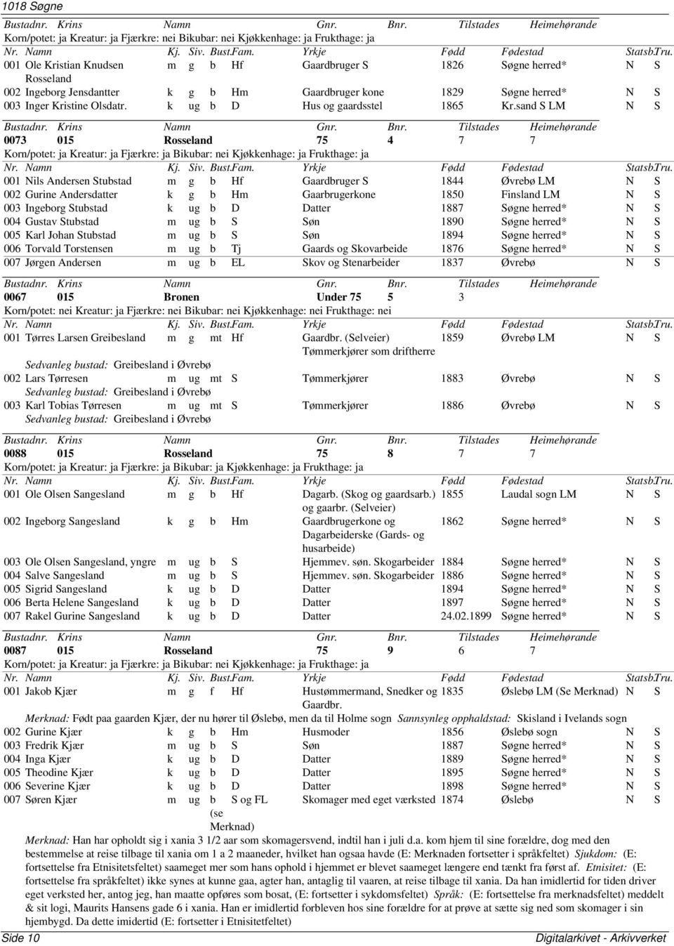 sand S LM N S 0073 015 Rosseland 75 4 7 7 001 Nils Andersen Stubstad m g b Hf Gaardbruger S 1844 Øvrebø LM N S 002 Gurine Andersdatter k g b Hm Gaarbrugerkone 1850 Finsland LM N S 003 Ingeborg