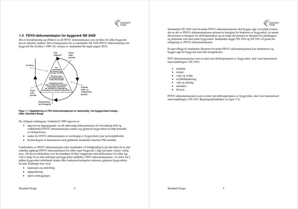 Standarden NS 3456 viser hvordan FDVU-dokumentasjonen skal bygges opp i et tredelt system, der en del av FDVU-dokumentasjonen primært er beregnet for brukeren av byggverket, en annen del primært er