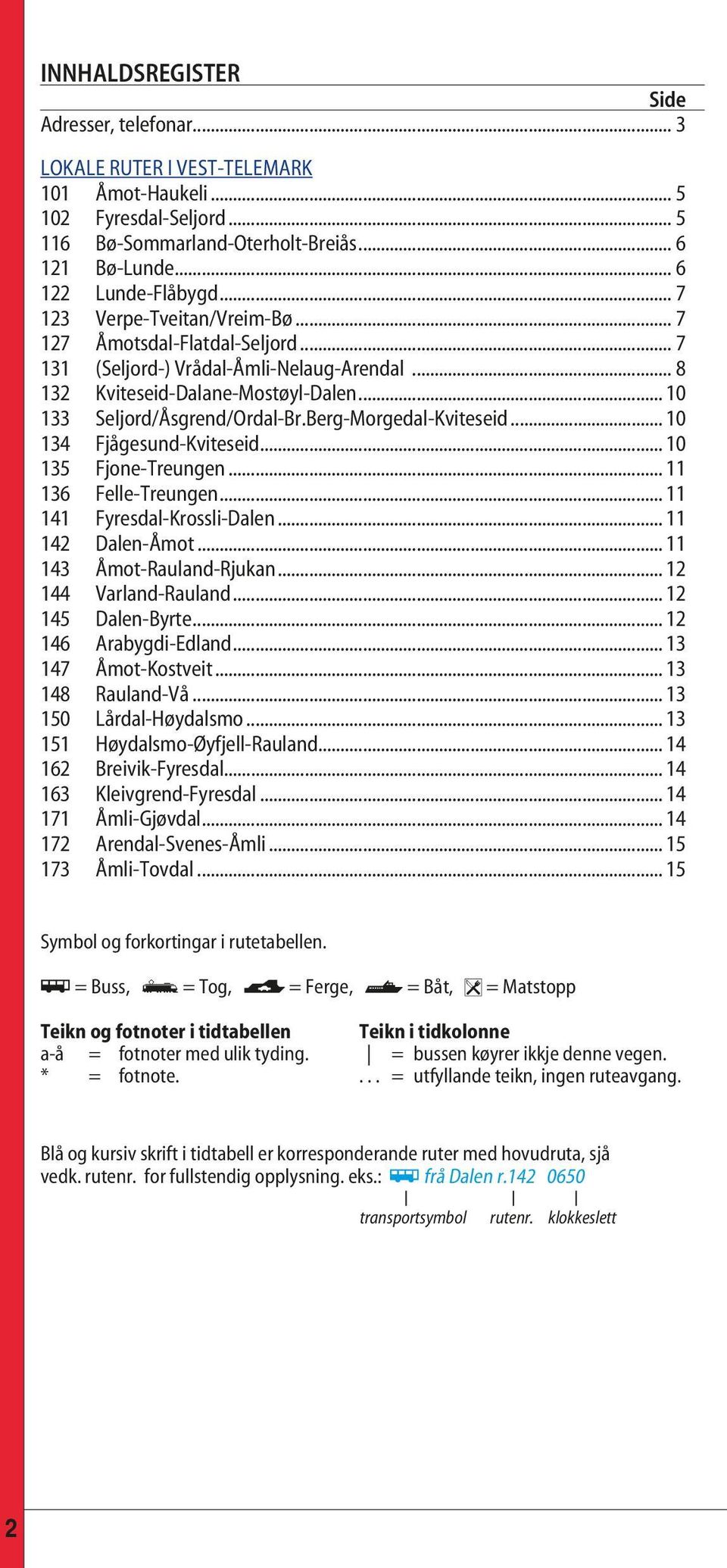 Berg-Morgedal-Kviteseid... 10 134 Fjågesund-Kviteseid... 10 135 Fjone-Treungen... 11 136 Felle-Treungen... 11 141 Fyresdal-Krossli-Dalen... 11 142 Dalen-Åmot... 11 143 Åmot-Rauland-Rjukan.