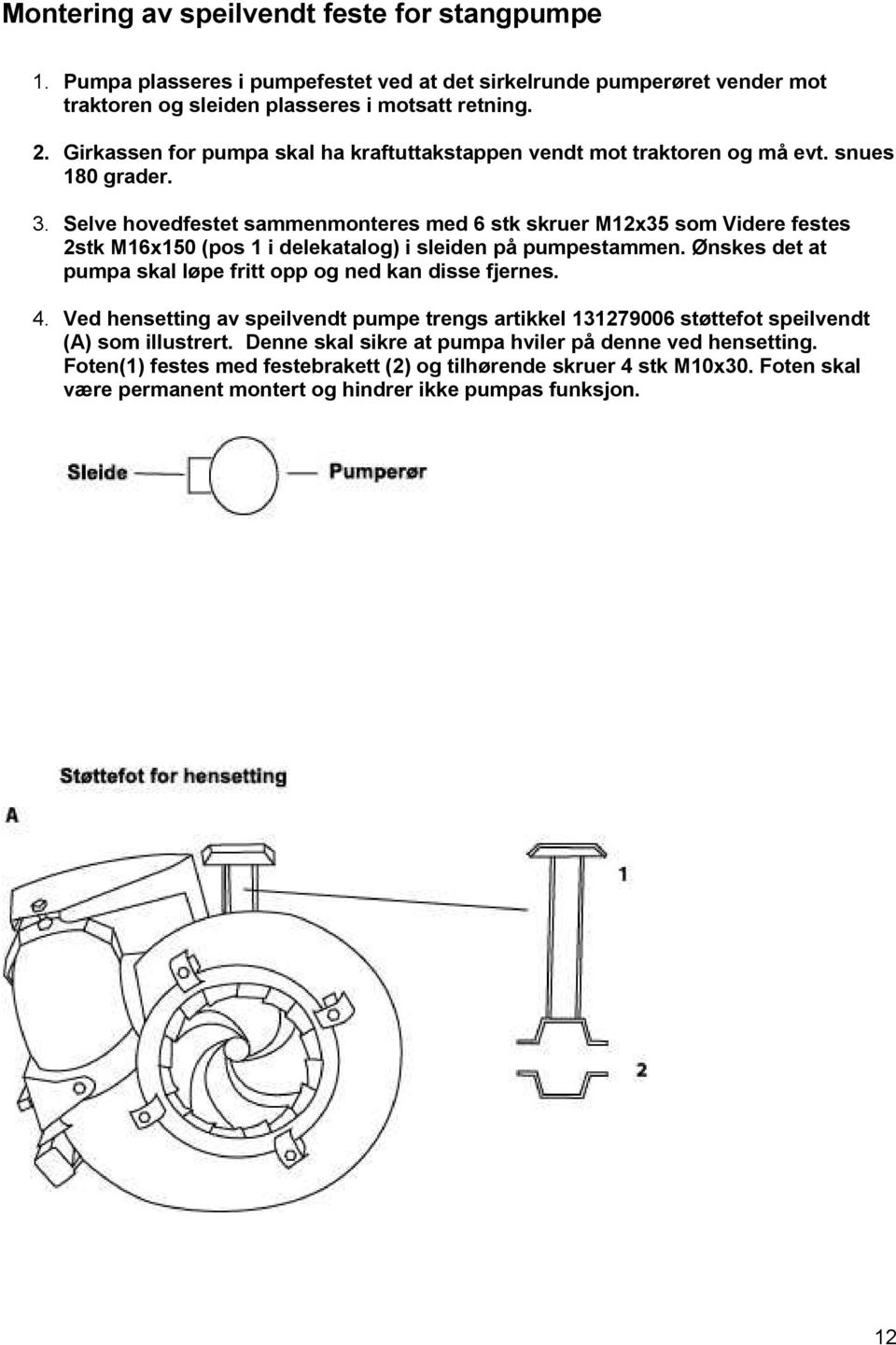 Selve hovedfestet sammenmonteres med 6 stk skruer M12x35 som Videre festes 2stk M16x150 (pos 1 i delekatalog) i sleiden på pumpestammen.