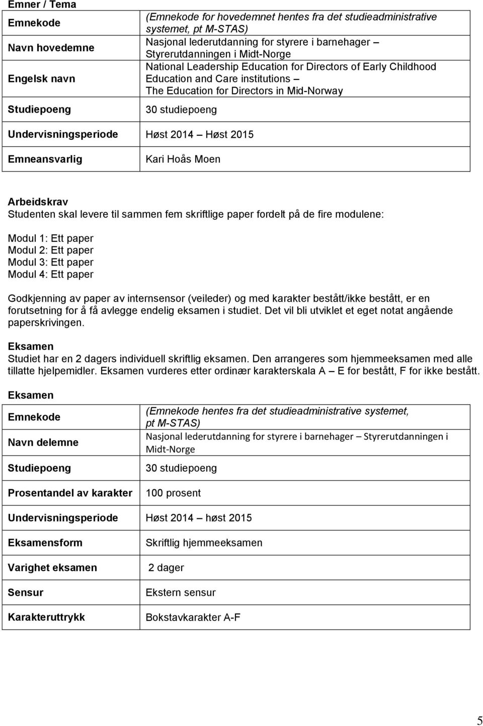 Undervisningsperiode Høst 2014 Høst 2015 Emneansvarlig Kari Hoås Moen Arbeidskrav Studenten skal levere til sammen fem skriftlige paper fordelt på de fire modulene: Modul 1: Ett paper Modul 2: Ett