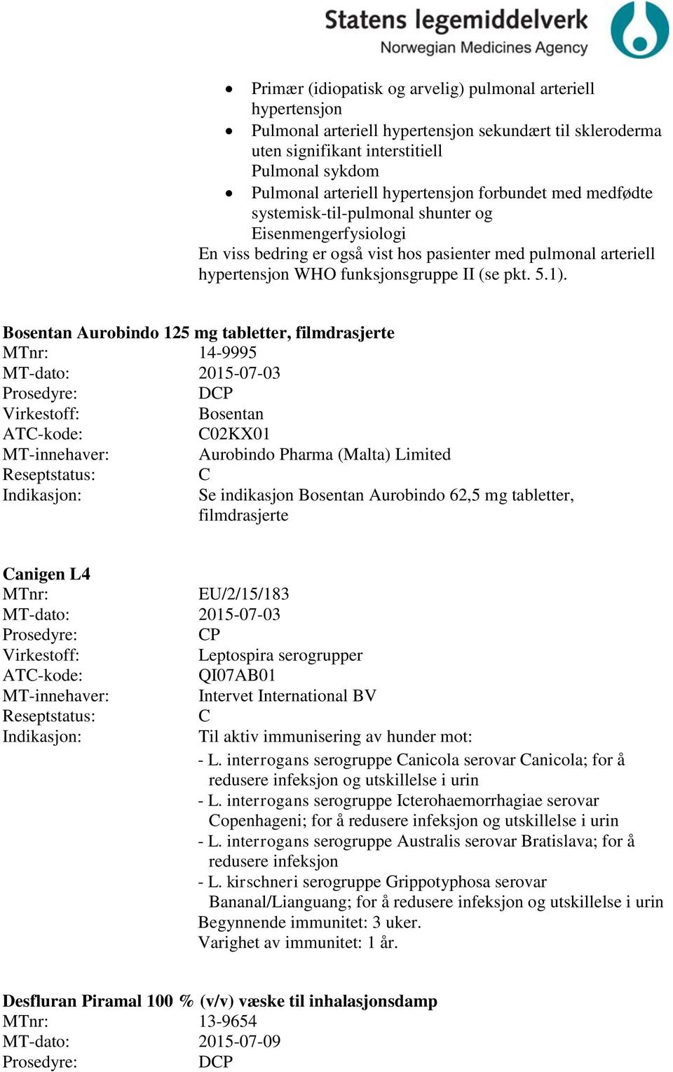 Bosentan Aurobindo 125 mg tabletter, filmdrasjerte 14-9995 MT-dato: 2015-07-03 DP Bosentan 02KX01 Aurobindo Pharma (Malta) Limited Se indikasjon Bosentan Aurobindo 62,5 mg tabletter, filmdrasjerte