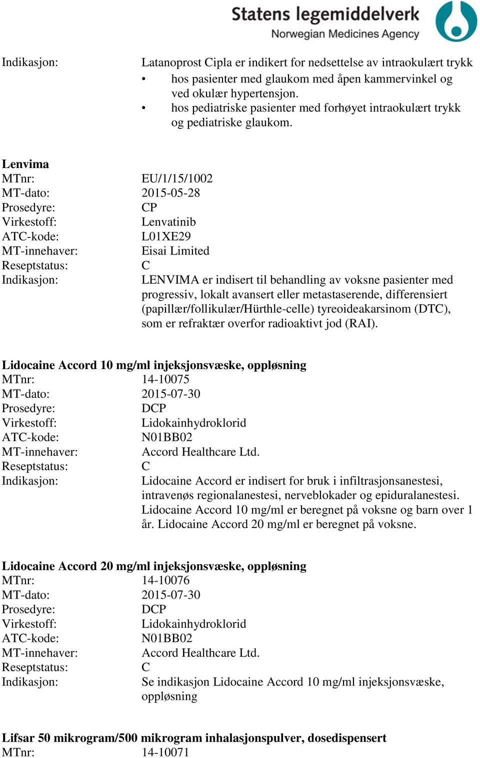Lenvima EU/1/15/1002 MT-dato: 2015-05-28 P Lenvatinib L01XE29 Eisai Limited LENVIMA er indisert til behandling av voksne pasienter med progressiv, lokalt avansert eller metastaserende, differensiert