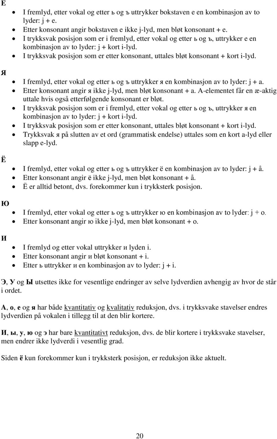 I trykksvak posisjon som er etter konsonant, uttales bløt konsonant + kort i-lyd. I fremlyd, etter vokal og etter ь og ъ uttrykker я en kombinasjon av to lyder: j + a.