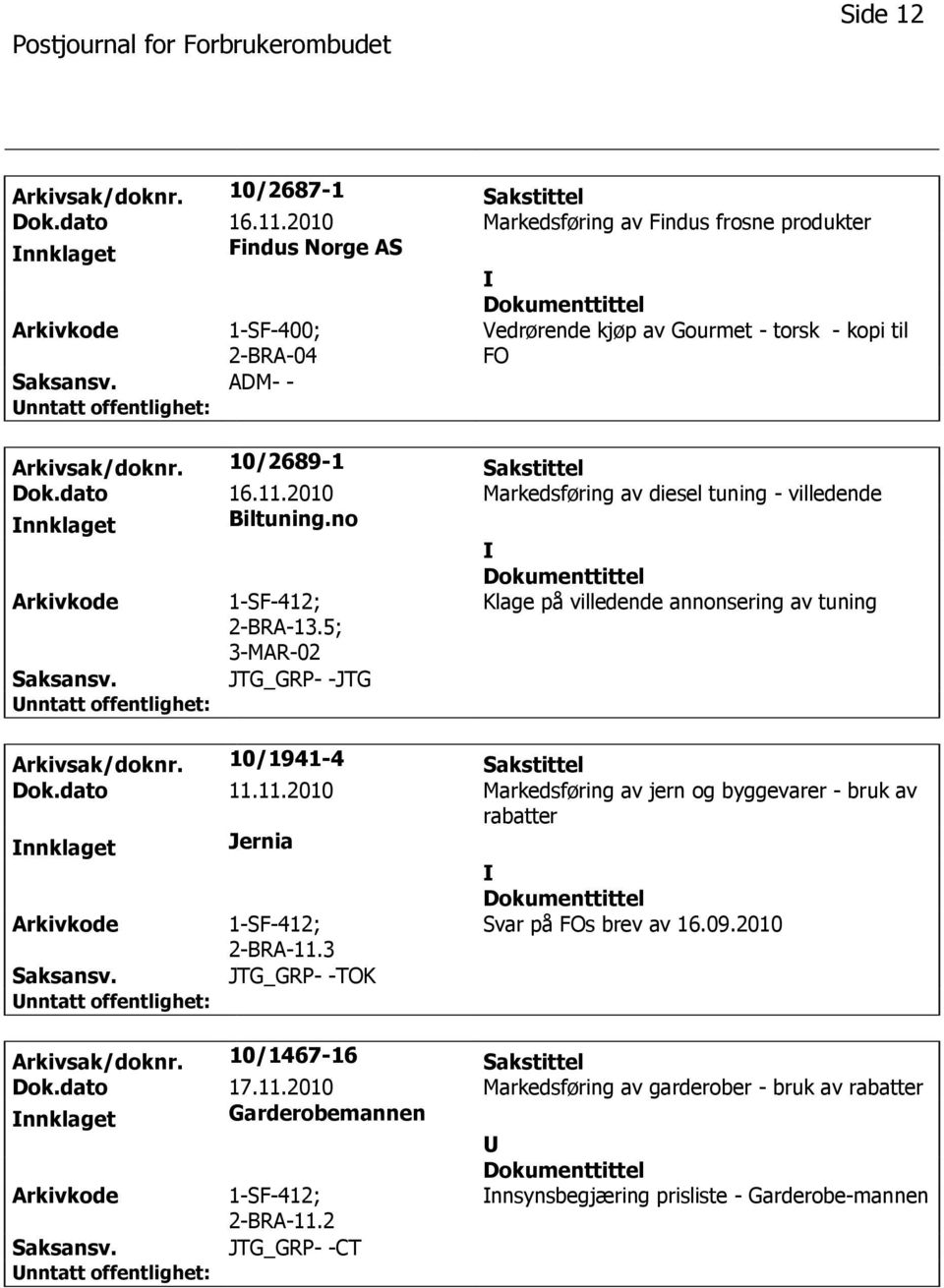 2010 Markedsføring av diesel tuning - villedende Biltuning.no 1-SF-412; Klage på villedende annonsering av tuning 2-BRA-13.5; 3-MAR-02 JTG_GRP- -JTG Arkivsak/doknr. 10/1941-4 Sakstittel Dok.