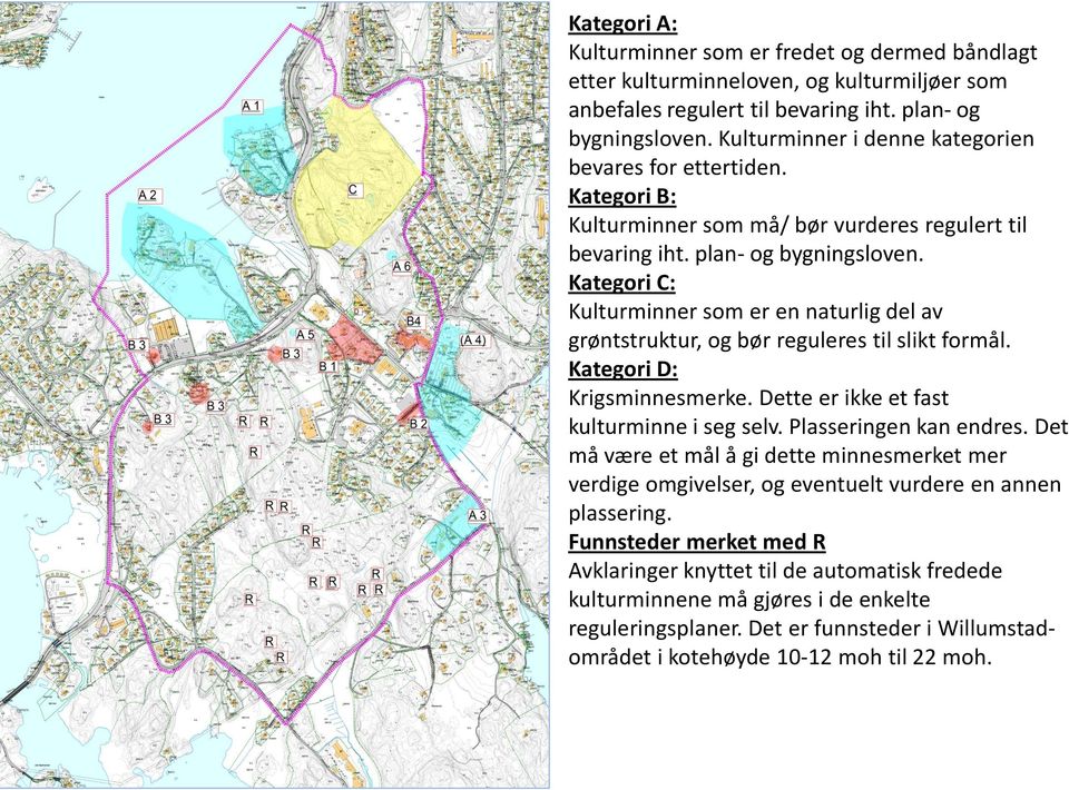 Kategori C: Kulturminner som er en naturlig del av grøntstruktur, og bør reguleres til slikt formål. Kategori D: Krigsminnesmerke. Dette er ikke et fast kulturminne i seg selv.