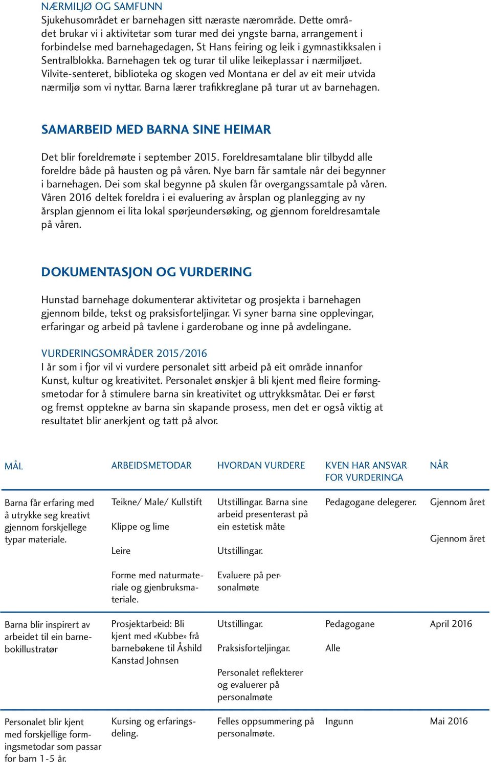 Barnehagen tek og turar til ulike leikeplassar i nærmiljøet. Vilvite-senteret, biblioteka og skogen ved Montana er del av eit meir utvida nærmiljø som vi nyttar.