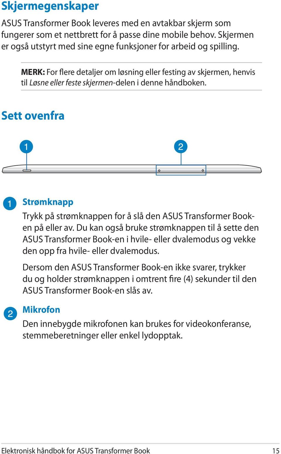 Sett ovenfra Strømknapp Trykk på strømknappen for å slå den ASUS Transformer Booken på eller av.