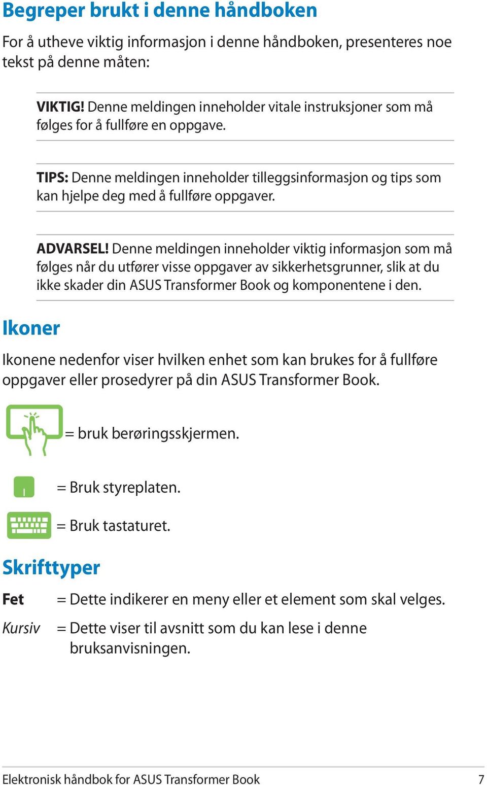 Ikoner ADVARSEL! Denne meldingen inneholder viktig informasjon som må følges når du utfører visse oppgaver av sikkerhetsgrunner, slik at du ikke skader din ASUS Transformer Book og komponentene i den.