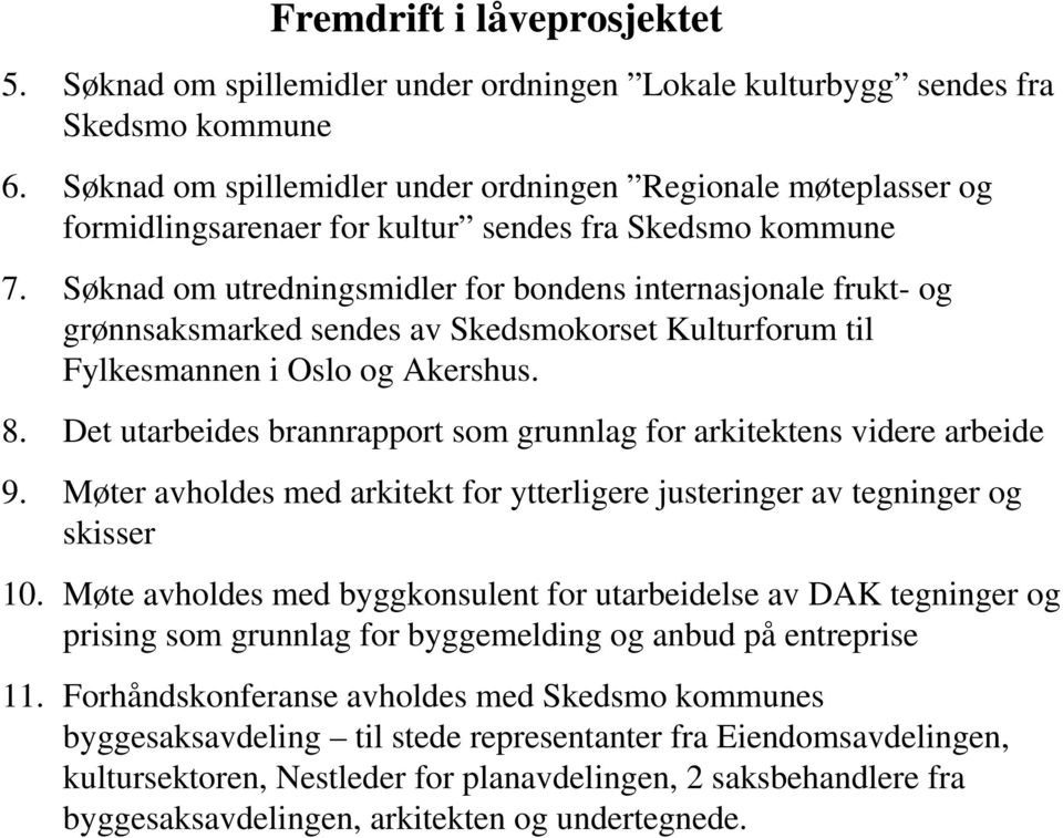 Søknad om utredningsmidler for bondens internasjonale frukt- og grønnsaksmarked sendes av Skedsmokorset Kulturforum til Fylkesmannen i Oslo og Akershus. 8.