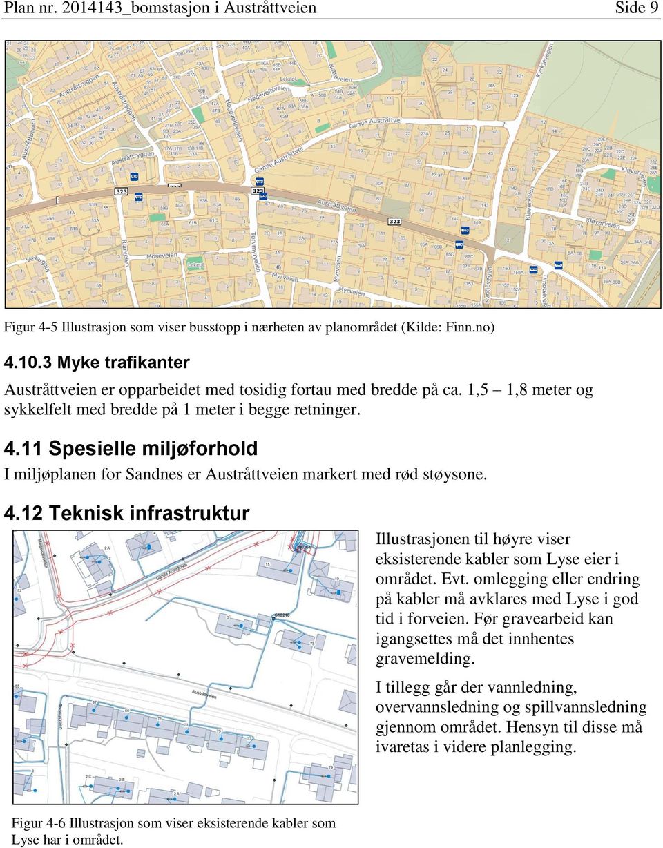 11 Spesielle miljøforhold I miljøplanen for Sandnes er Austråttveien markert med rød støysone. 4.12 Teknisk infrastruktur Illustrasjonen til høyre viser eksisterende kabler som Lyse eier i området.