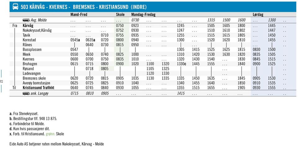 . Kornstad 0545a 0635a 0720 0800 0940...... 1300... 1520 1620 1810... 1455.. Rånes 0640 0730 0815 0950.............. Bussplassen 0547 1305 1415 1525 1625 1815 0830 1500 Meek 0550 0650 0740 0825 1000.