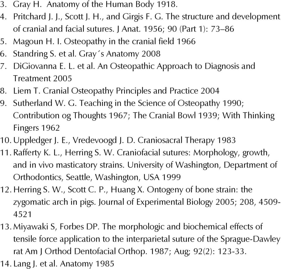 Cranial Osteopathy Principles and Practice 2004 9. Sutherland W. G. Teaching in the Science of Osteopathy 1990; Contribution og Thoughts 1967; The Cranial Bowl 1939; With Thinking Fingers 1962 10.