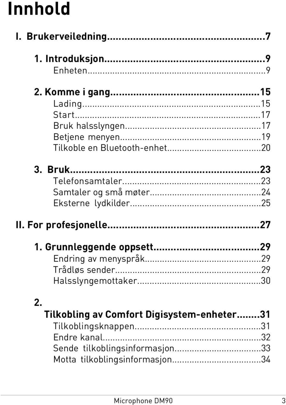 ..25 II. For profesjonelle...27 1. Grunnleggende oppsett...29 Endring av menyspråk...29 Trådløs sender...29 Halsslyngemottaker...30 2.