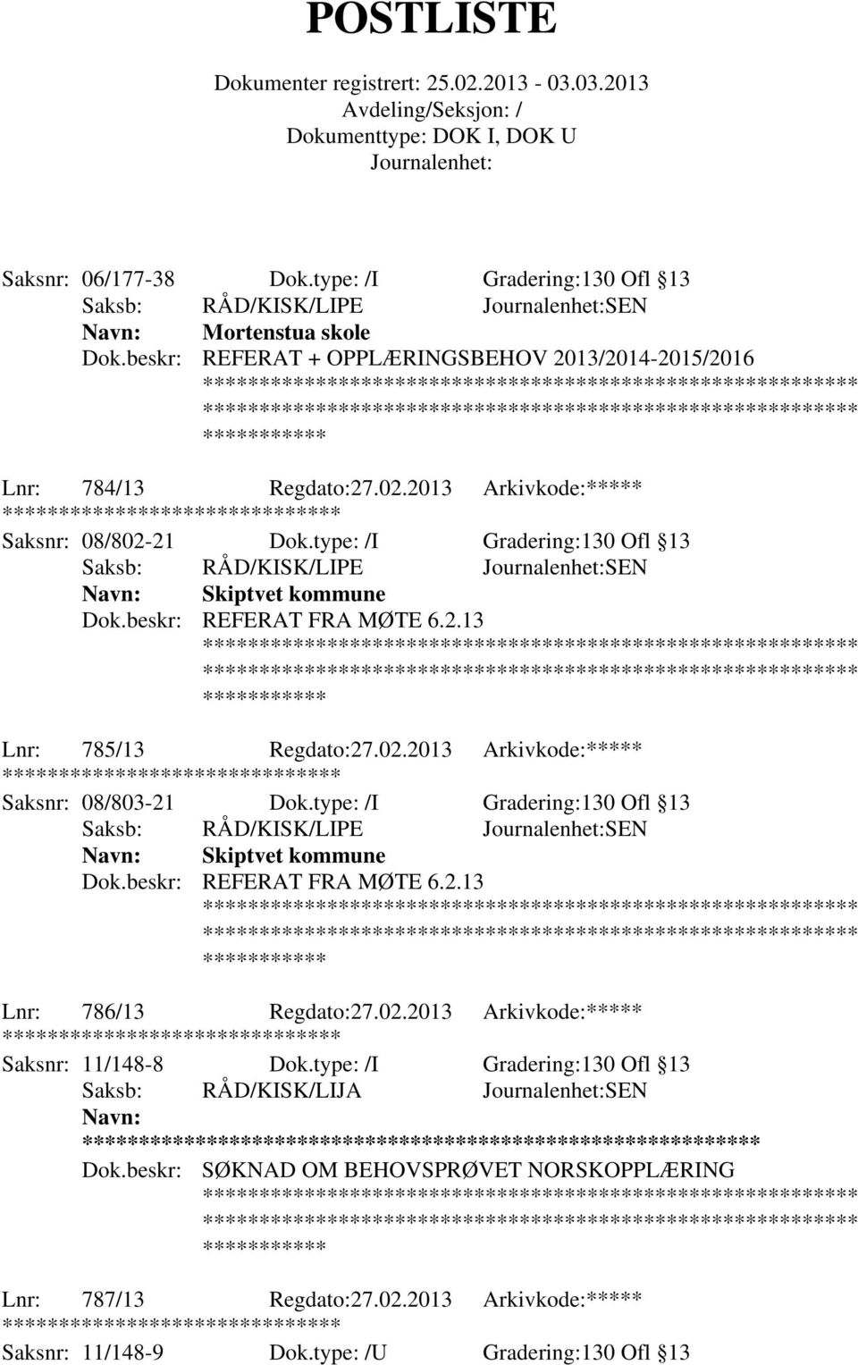 type: /I Gradering:130 Ofl 13 Saksb: RÅD/KISK/LIPE SEN Skiptvet kommune Dok.beskr: REFERAT FRA MØTE 6.2.13 Lnr: 786/13 Regdato:27.02.2013 Arkivkode:***** Saksnr: 11/148-8 Dok.