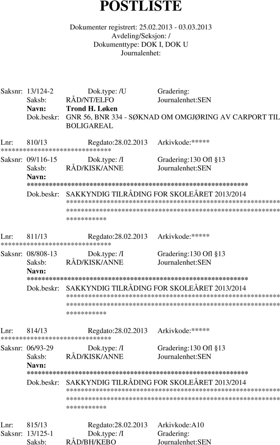 2013 Arkivkode:***** Saksnr: 08/808-13 Dok.type: /I Gradering:130 Ofl 13 Saksb: RÅD/KISK/ANNE SEN ** Dok.beskr: SAKKYNDIG TILRÅDING FOR SKOLEÅRET 2013/2014 Lnr: 814/13 Regdato:28.02.